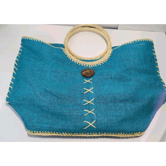 Cappelli Straworld Tote Bag, Gorgeous Blue (Torquise) with Button Accent,Beach - Picture 1 of 7